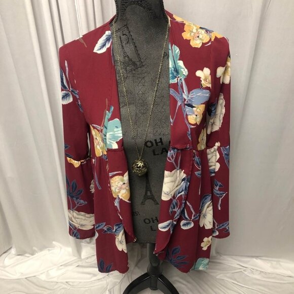 Peach Love California Cardigan Size Small Medium Maroon Floral Open Front Jacket - Picture 2 of 7